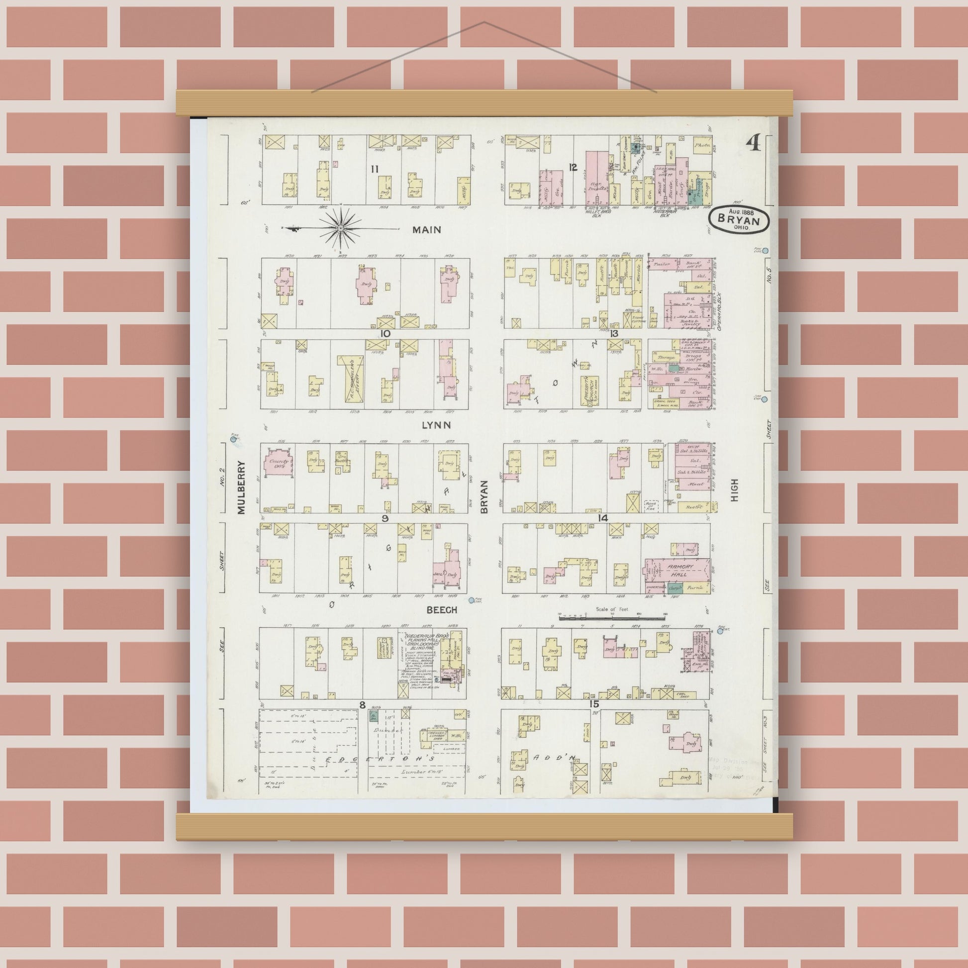 Old map wall art mockup — magnetic wood frame on brick wall — Sanborn Fire Insurance Map from Bryan, Williams County, Ohio (1888), Sheet #0004