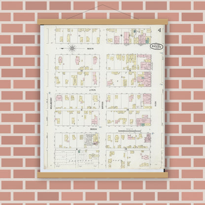 Old map wall art mockup — magnetic wood frame on brick wall — Sanborn Fire Insurance Map from Bryan, Williams County, Ohio (1888), Sheet #0004