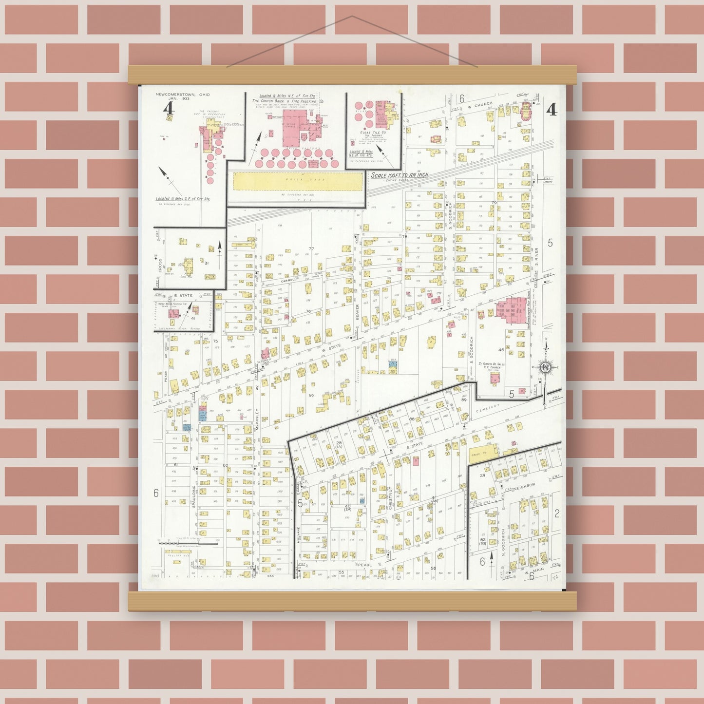 Old map wall art mockup — magnetic wood frame on brick wall — Sanborn Fire Insurance Map from Newcomerstown, Tuscarawas County, Ohio (1933), Sheet #0004