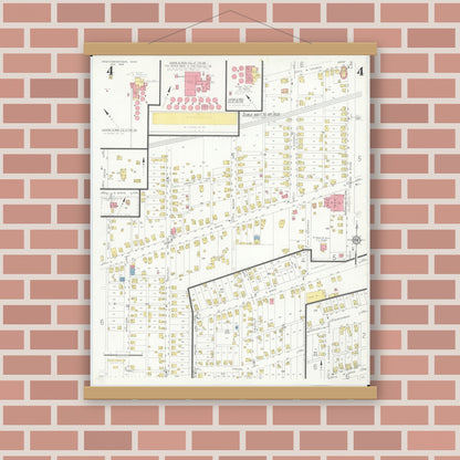 Old map wall art mockup — magnetic wood frame on brick wall — Sanborn Fire Insurance Map from Newcomerstown, Tuscarawas County, Ohio (1933), Sheet #0004