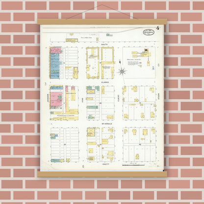 Old map wall art mockup — magnetic wood frame on brick wall — Sanborn Fire Insurance Map from Quanah, Hardeman County, Texas (1908), Sheet #0004