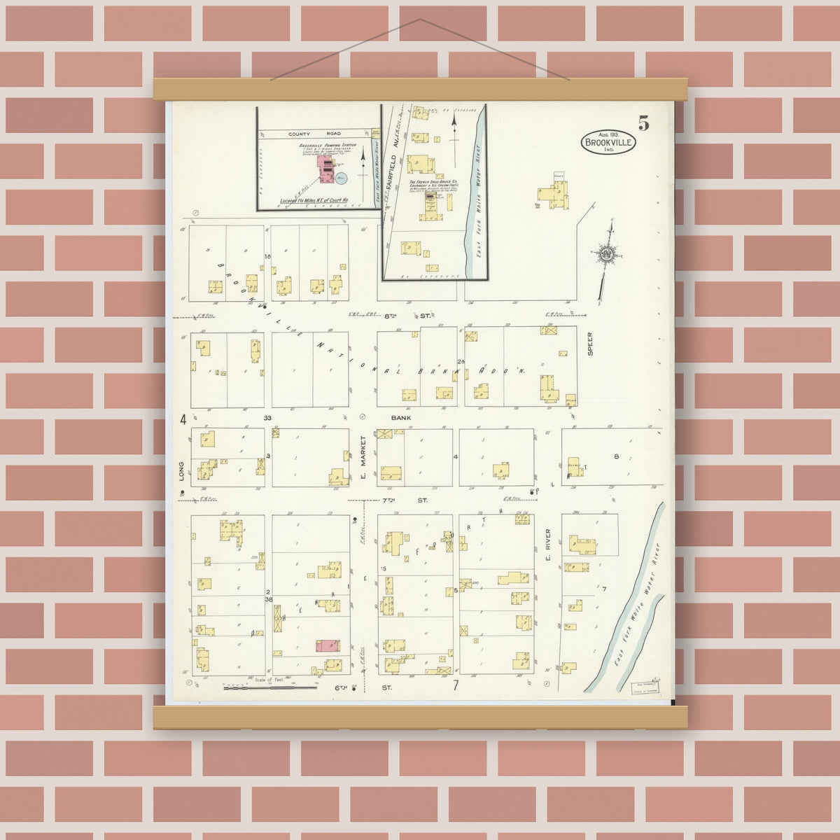 Old map wall art mockup — magnetic wood frame on brick wall — Sanborn Fire Insurance Map from Brookville, Franklin County, Indiana (1913), Sheet #0005