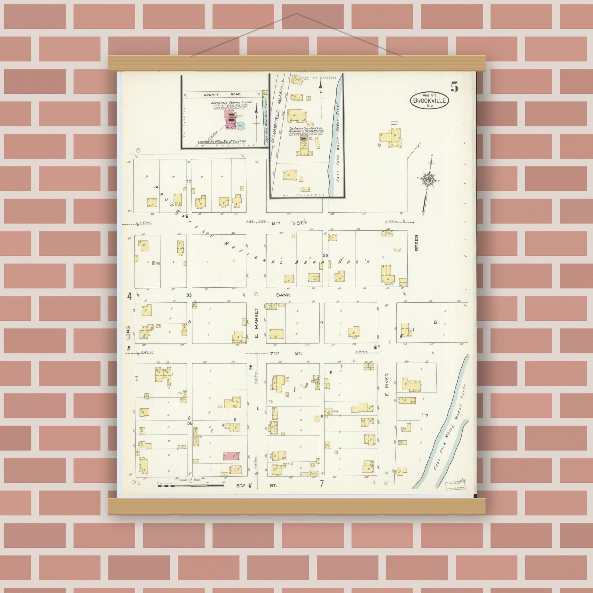 Old map wall art mockup — magnetic wood frame on brick wall — Sanborn Fire Insurance Map from Brookville, Franklin County, Indiana (1913), Sheet #0005