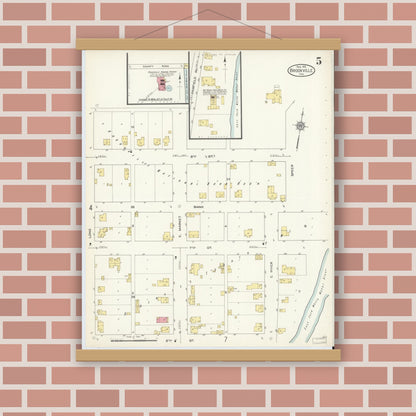 Old map wall art mockup — magnetic wood frame on brick wall — Sanborn Fire Insurance Map from Brookville, Franklin County, Indiana (1913), Sheet #0005