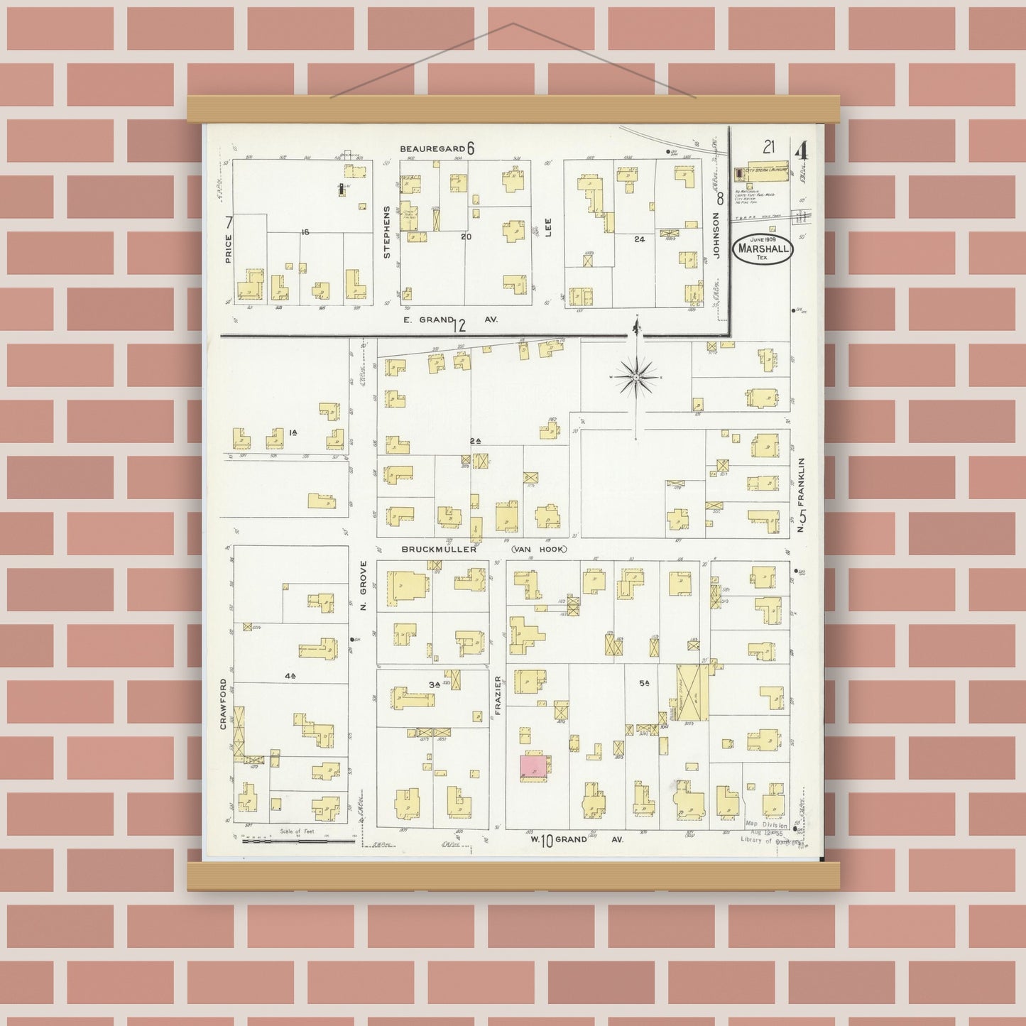 Old map wall art mockup — magnetic wood frame on brick wall — Sanborn Fire Insurance Map from Marshall, Harrison County, Texas (1909), Sheet #0004