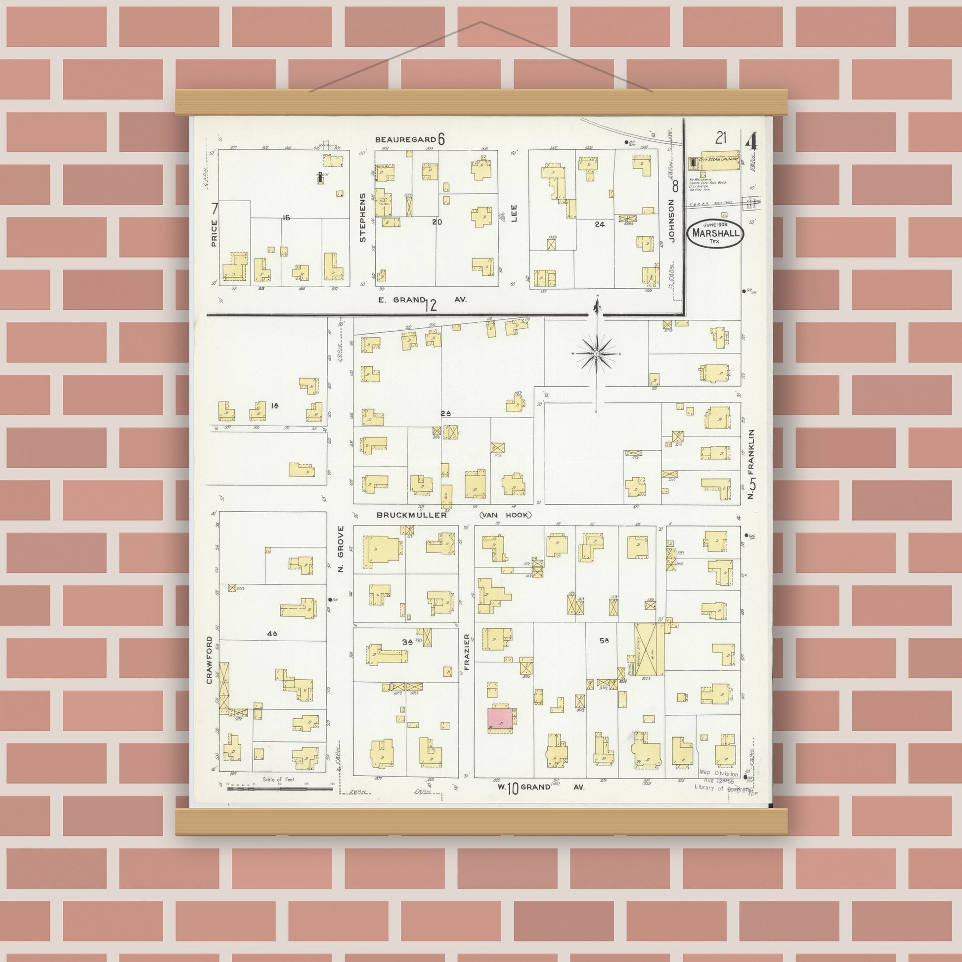 Old map wall art mockup — magnetic wood frame on brick wall — Sanborn Fire Insurance Map from Marshall, Harrison County, Texas (1909), Sheet #0004