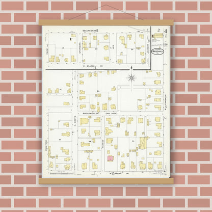 Old map wall art mockup — magnetic wood frame on brick wall — Sanborn Fire Insurance Map from Marshall, Harrison County, Texas (1909), Sheet #0004