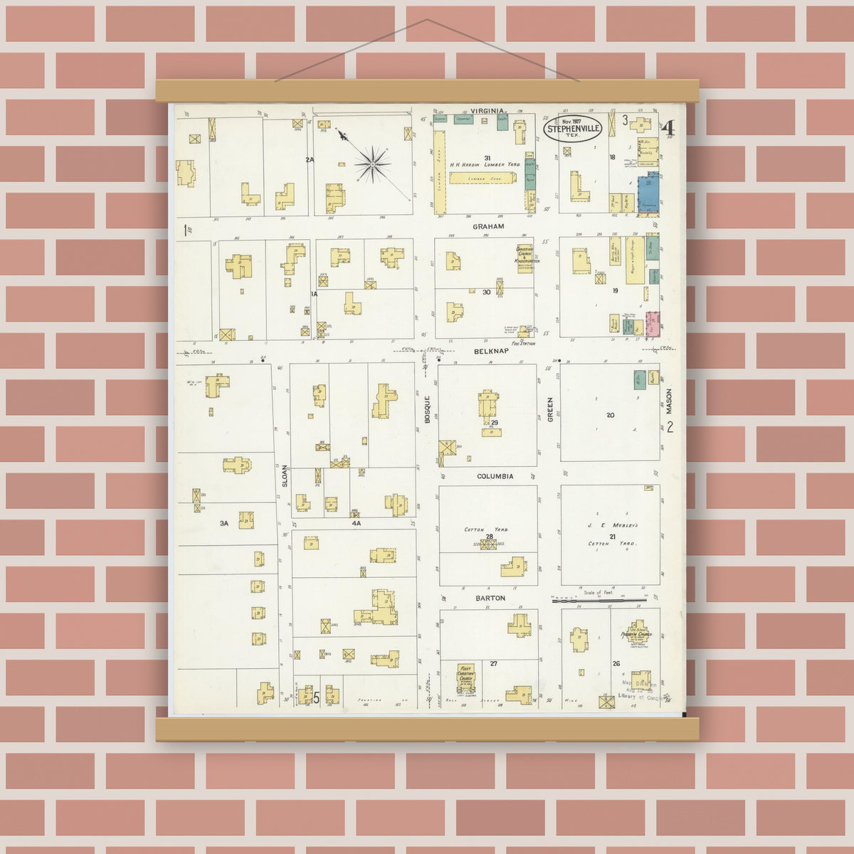Old map wall art mockup — magnetic wood frame on brick wall — Sanborn Fire Insurance Map from Stephenville, Erath County, Texas (1907), Sheet #0004