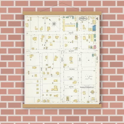 Old map wall art mockup — magnetic wood frame on brick wall — Sanborn Fire Insurance Map from Stephenville, Erath County, Texas (1907), Sheet #0004