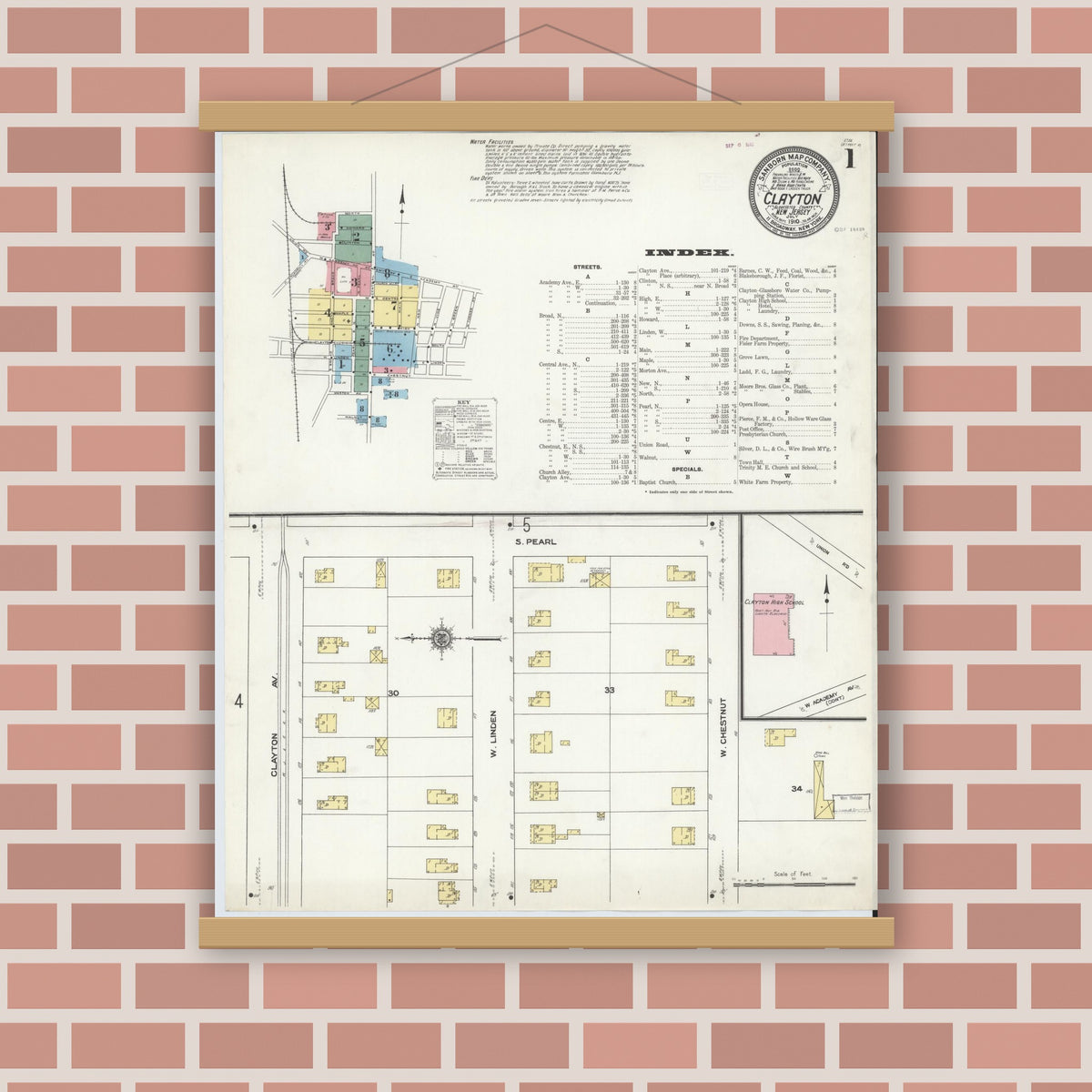 Old map wall art mockup — magnetic wood frame on brick wall — Sanborn Fire Insurance Map from Clayton, Gloucester County, New Jersey (1910) - Complete Map Set