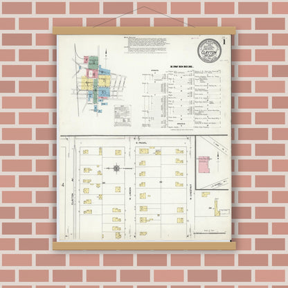 Old map wall art mockup — magnetic wood frame on brick wall — Sanborn Fire Insurance Map from Clayton, Gloucester County, New Jersey (1910) - Complete Map Set