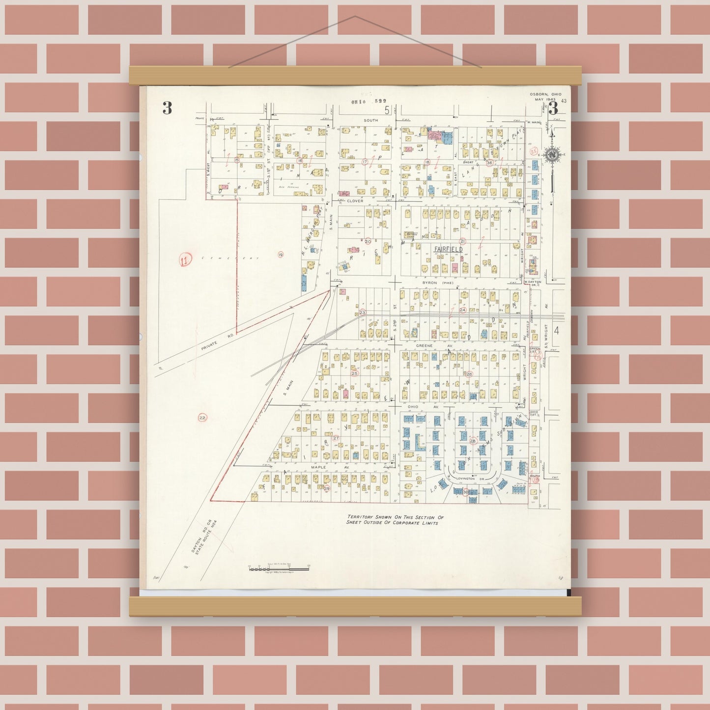 Old map wall art mockup — magnetic wood frame on brick wall — Sanborn Fire Insurance Map from Osborn, Greene County, Ohio (1943), Sheet #0003