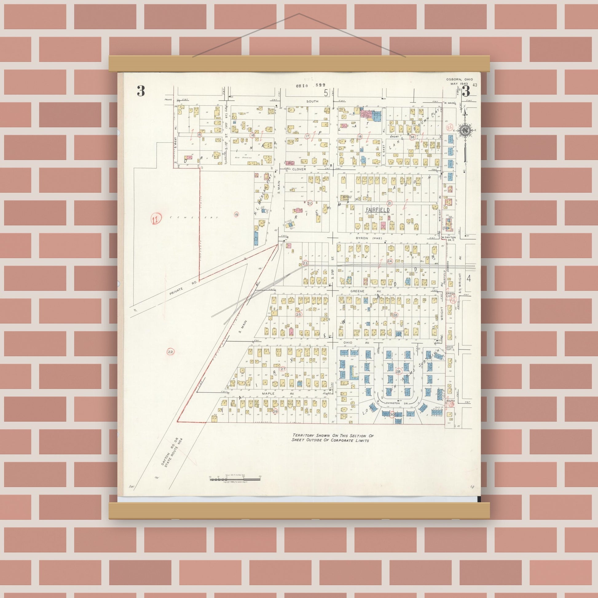 Old map wall art mockup — magnetic wood frame on brick wall — Sanborn Fire Insurance Map from Osborn, Greene County, Ohio (1943), Sheet #0003