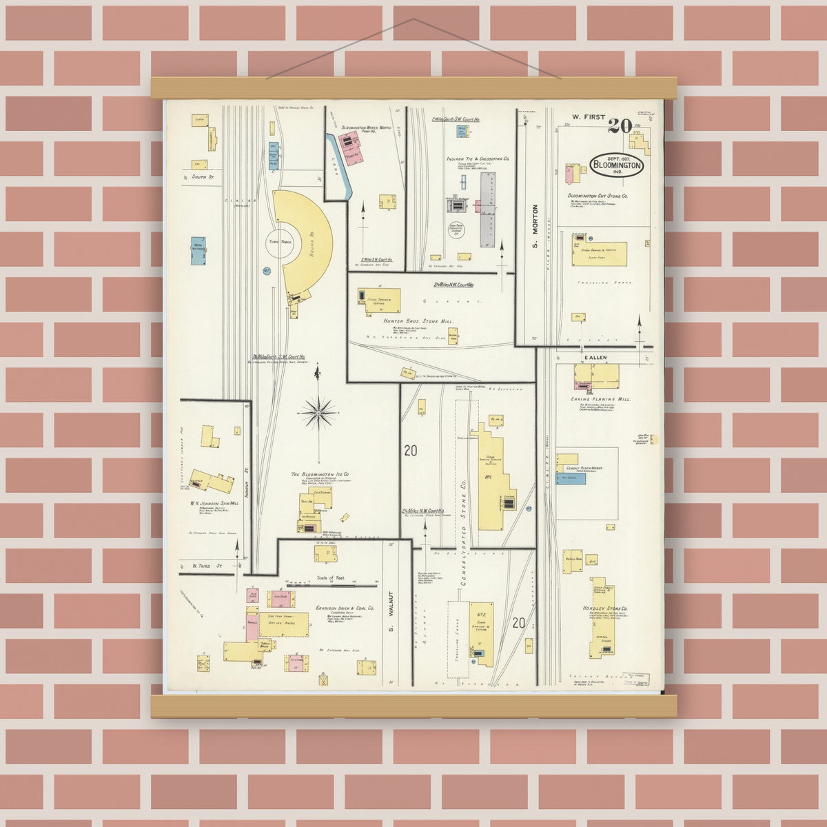 Old map wall art mockup — magnetic wood frame on brick wall — Sanborn Fire Insurance Map from Bloomington, Monroe County, Indiana (1907), Sheet #0020