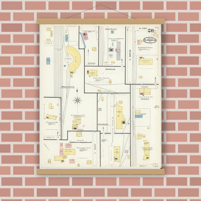 Old map wall art mockup — magnetic wood frame on brick wall — Sanborn Fire Insurance Map from Bloomington, Monroe County, Indiana (1907), Sheet #0020