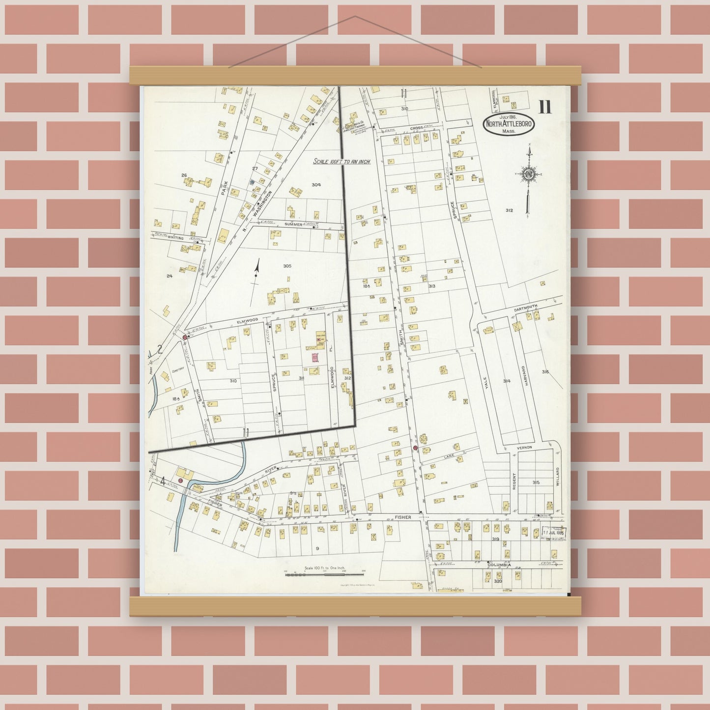 Old map wall art mockup — magnetic wood frame on brick wall — Sanborn Fire Insurance Map from North Attleborough, Bristol County, Massachusetts (1916), Sheet #0011
