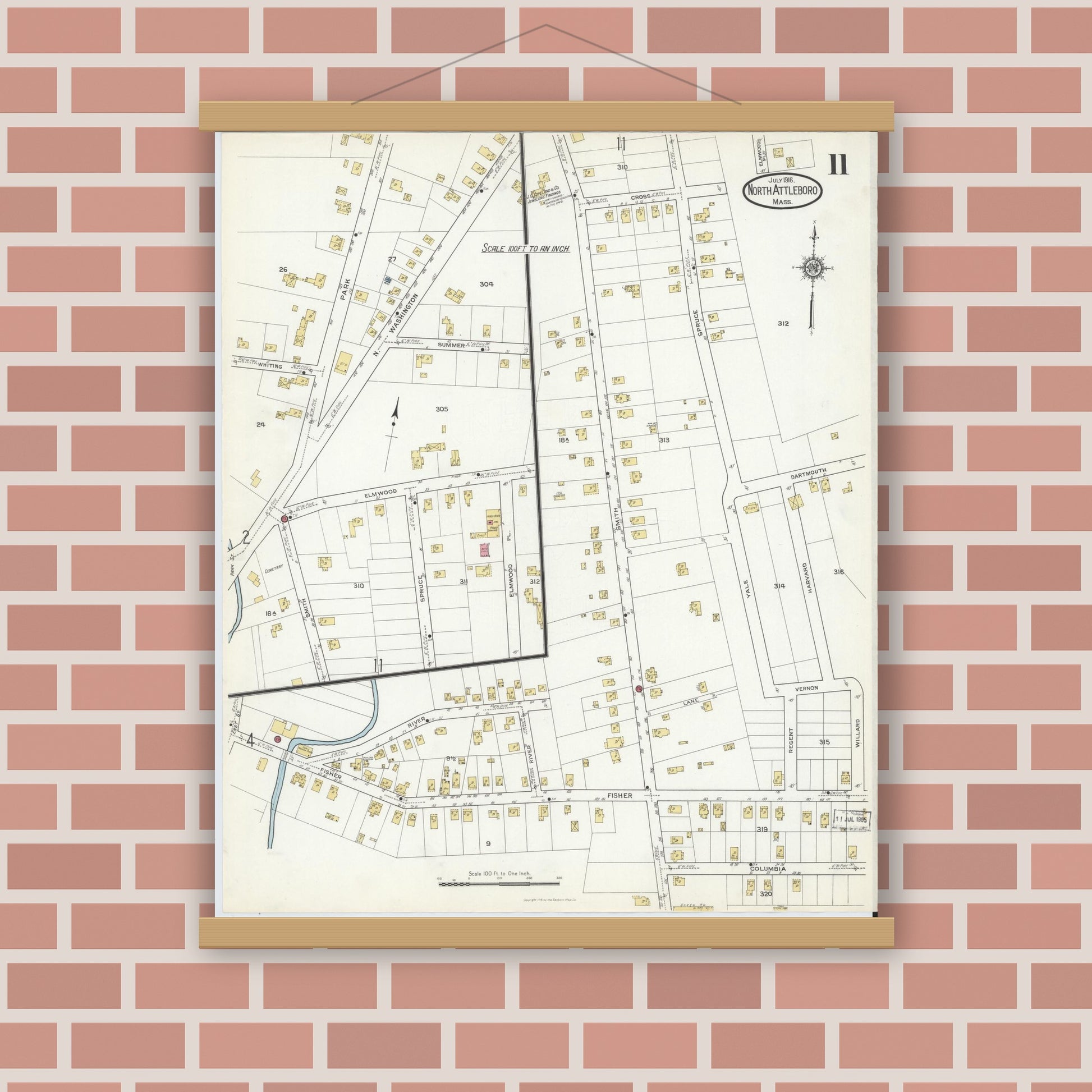 Old map wall art mockup — magnetic wood frame on brick wall — Sanborn Fire Insurance Map from North Attleborough, Bristol County, Massachusetts (1916), Sheet #0011
