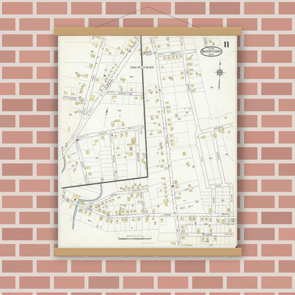 Old map wall art mockup — magnetic wood frame on brick wall — Sanborn Fire Insurance Map from North Attleborough, Bristol County, Massachusetts (1916), Sheet #0011