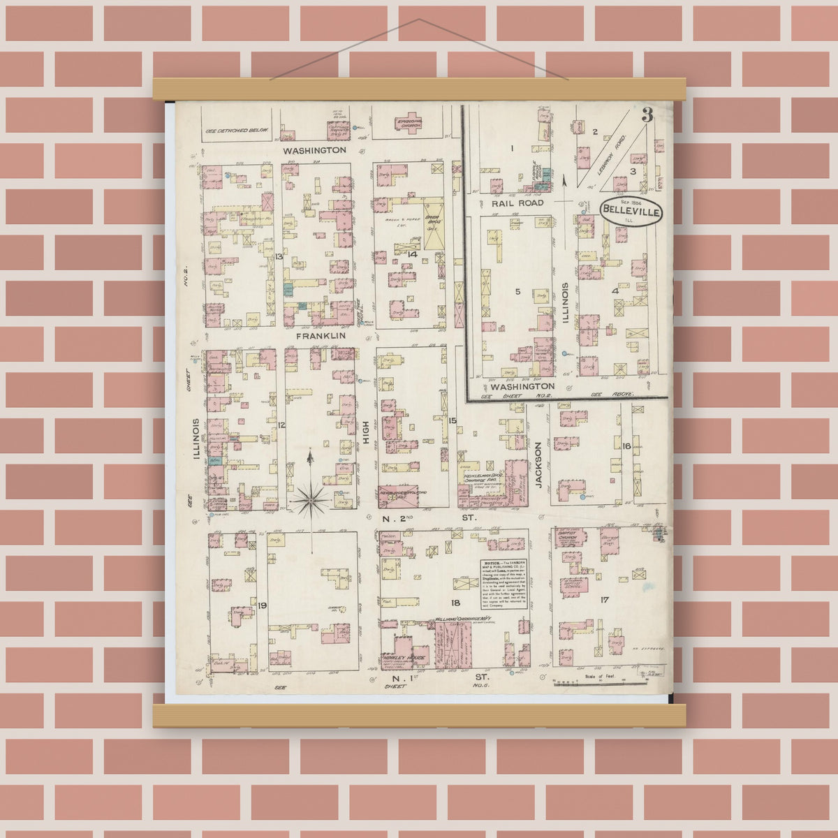 Old map wall art mockup — magnetic wood frame on brick wall — Sanborn Fire Insurance Map from Belleville, Saint Clair County, Illinois (1884), Sheet #0003
