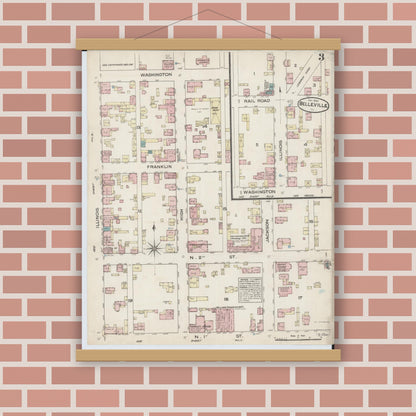 Old map wall art mockup — magnetic wood frame on brick wall — Sanborn Fire Insurance Map from Belleville, Saint Clair County, Illinois (1884), Sheet #0003