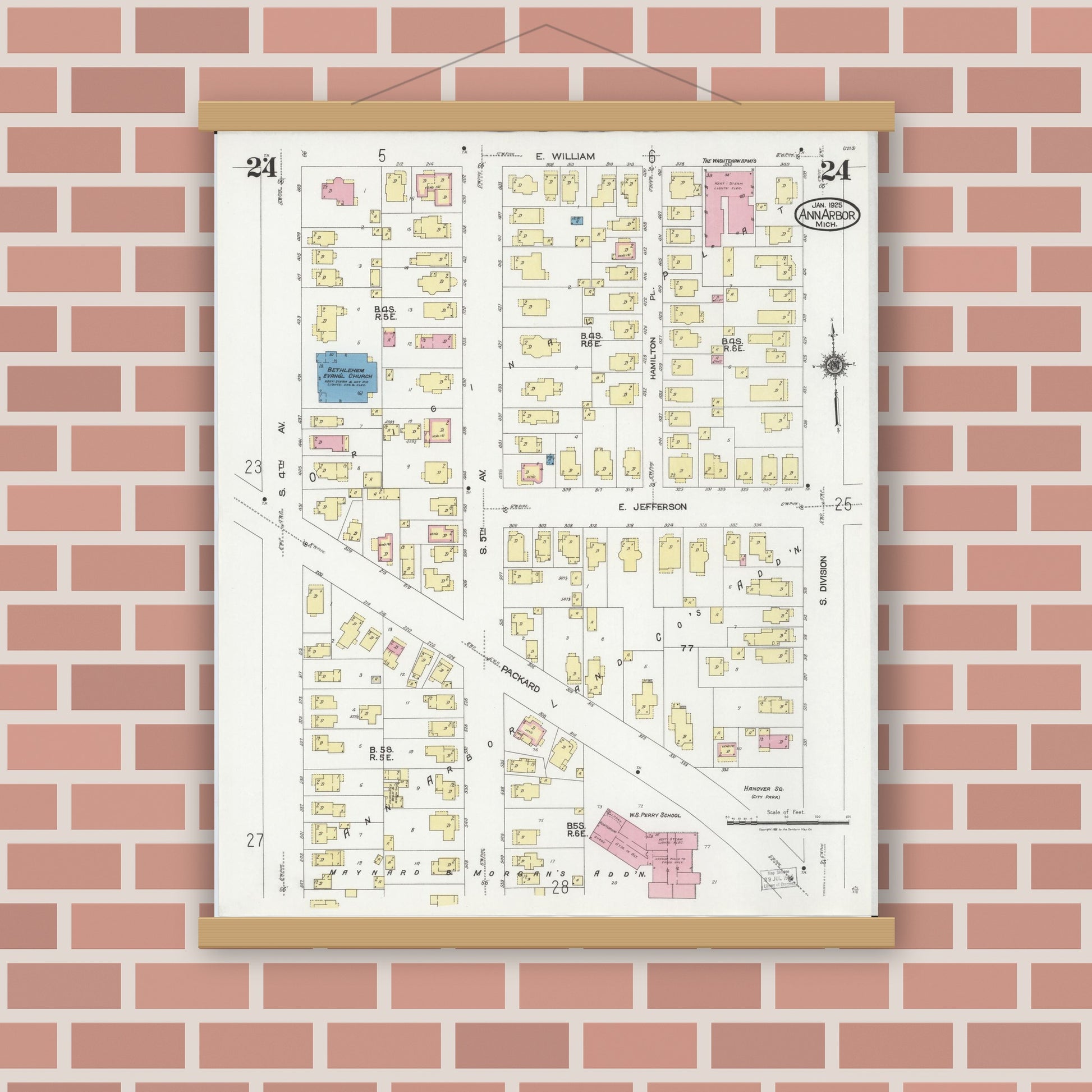Old map wall art mockup — magnetic wood frame on brick wall — Sanborn Fire Insurance Map from Ann Arbor, Washtenaw County, Michigan (1925), Sheet #0024