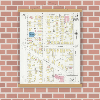 Old map wall art mockup — magnetic wood frame on brick wall — Sanborn Fire Insurance Map from Ann Arbor, Washtenaw County, Michigan (1925), Sheet #0024
