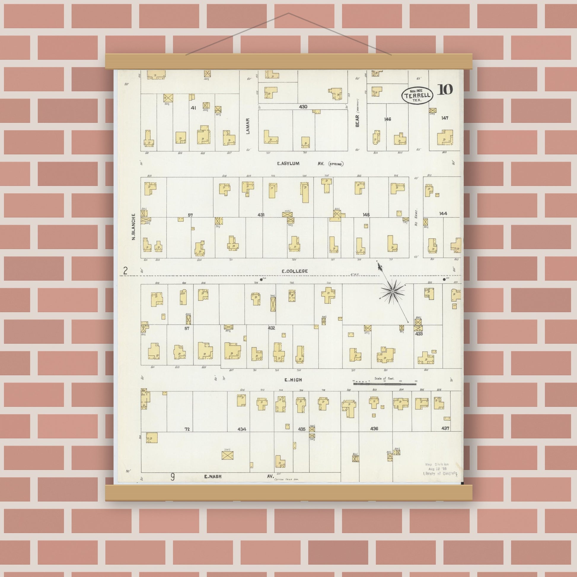 Old map wall art mockup — magnetic wood frame on brick wall — Sanborn Fire Insurance Map from Terrell, Kaufman County, Texas (1902), Sheet #0010