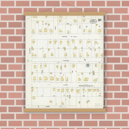 Old map wall art mockup — magnetic wood frame on brick wall — Sanborn Fire Insurance Map from Terrell, Kaufman County, Texas (1902), Sheet #0010