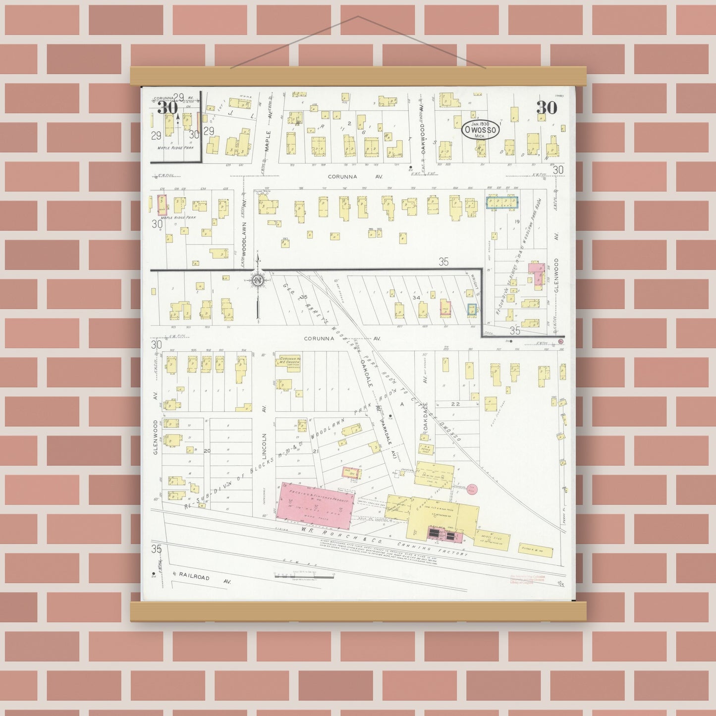 Old map wall art mockup — magnetic wood frame on brick wall — Sanborn Fire Insurance Map from Owosso, Shiawassee County, Michigan (1930), Sheet #0030