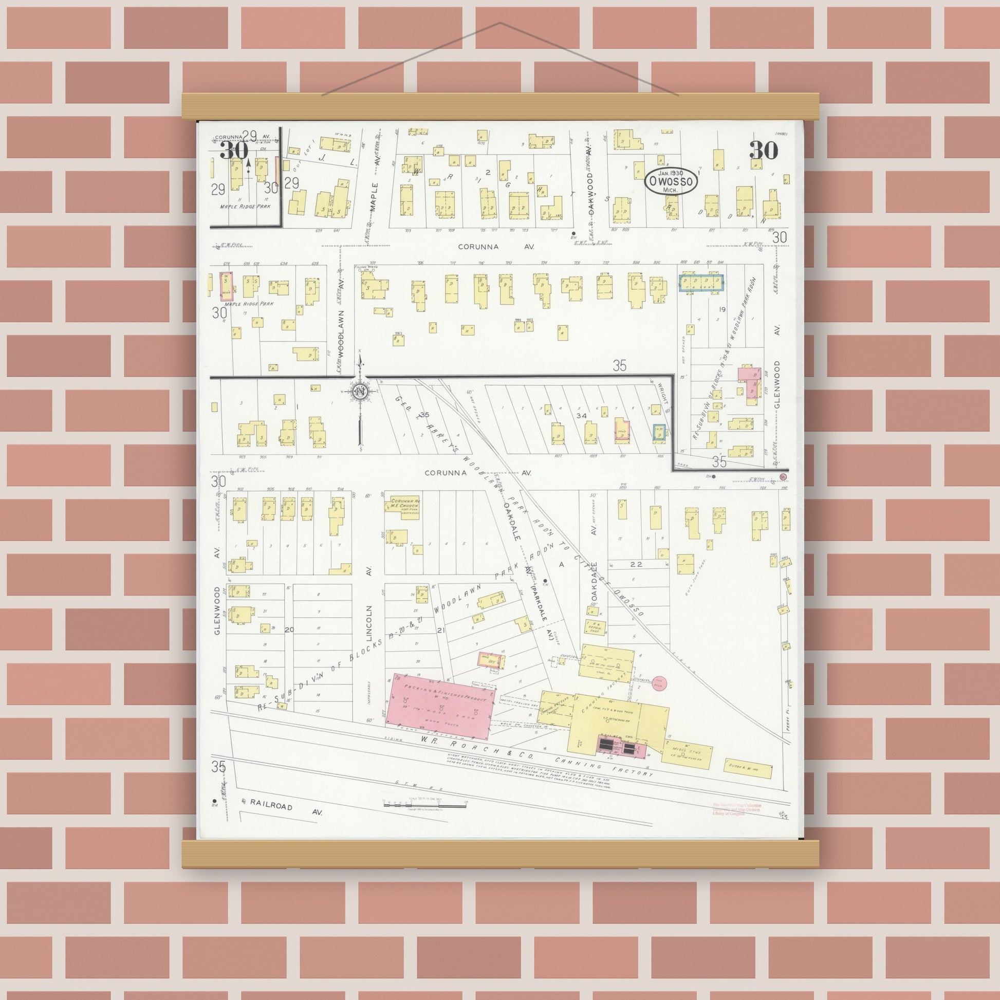 Old map wall art mockup — magnetic wood frame on brick wall — Sanborn Fire Insurance Map from Owosso, Shiawassee County, Michigan (1930), Sheet #0030