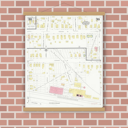 Old map wall art mockup — magnetic wood frame on brick wall — Sanborn Fire Insurance Map from Owosso, Shiawassee County, Michigan (1930), Sheet #0030