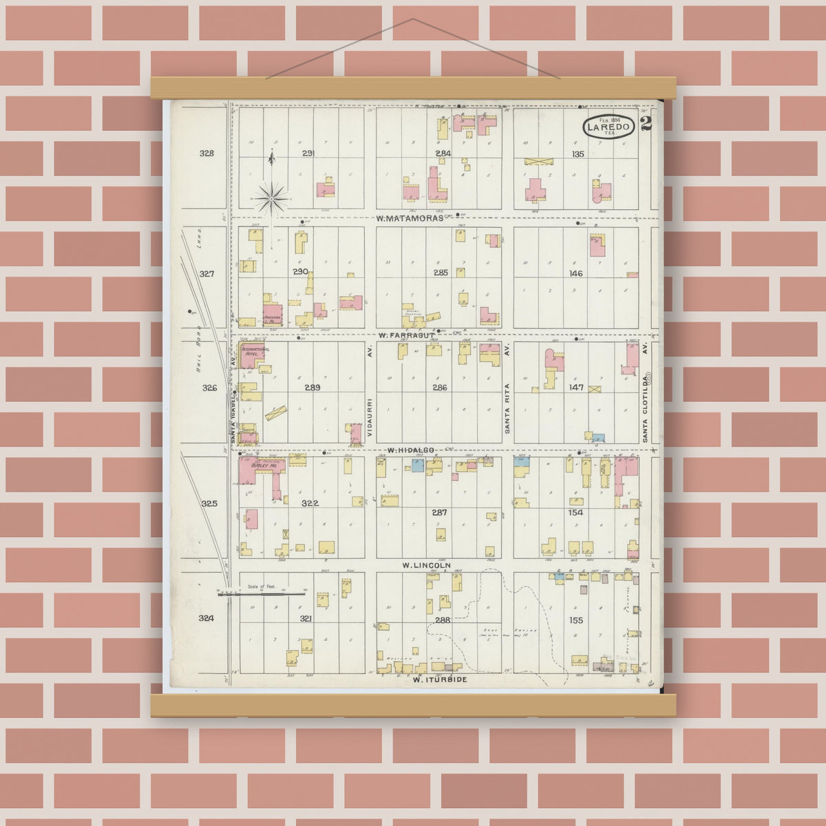 Old map wall art mockup — magnetic wood frame on brick wall — Sanborn Fire Insurance Map from Laredo, Webb County, Texas (1894), Sheet #0002