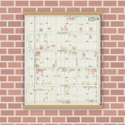 Old map wall art mockup — magnetic wood frame on brick wall — Sanborn Fire Insurance Map from Laredo, Webb County, Texas (1894), Sheet #0002