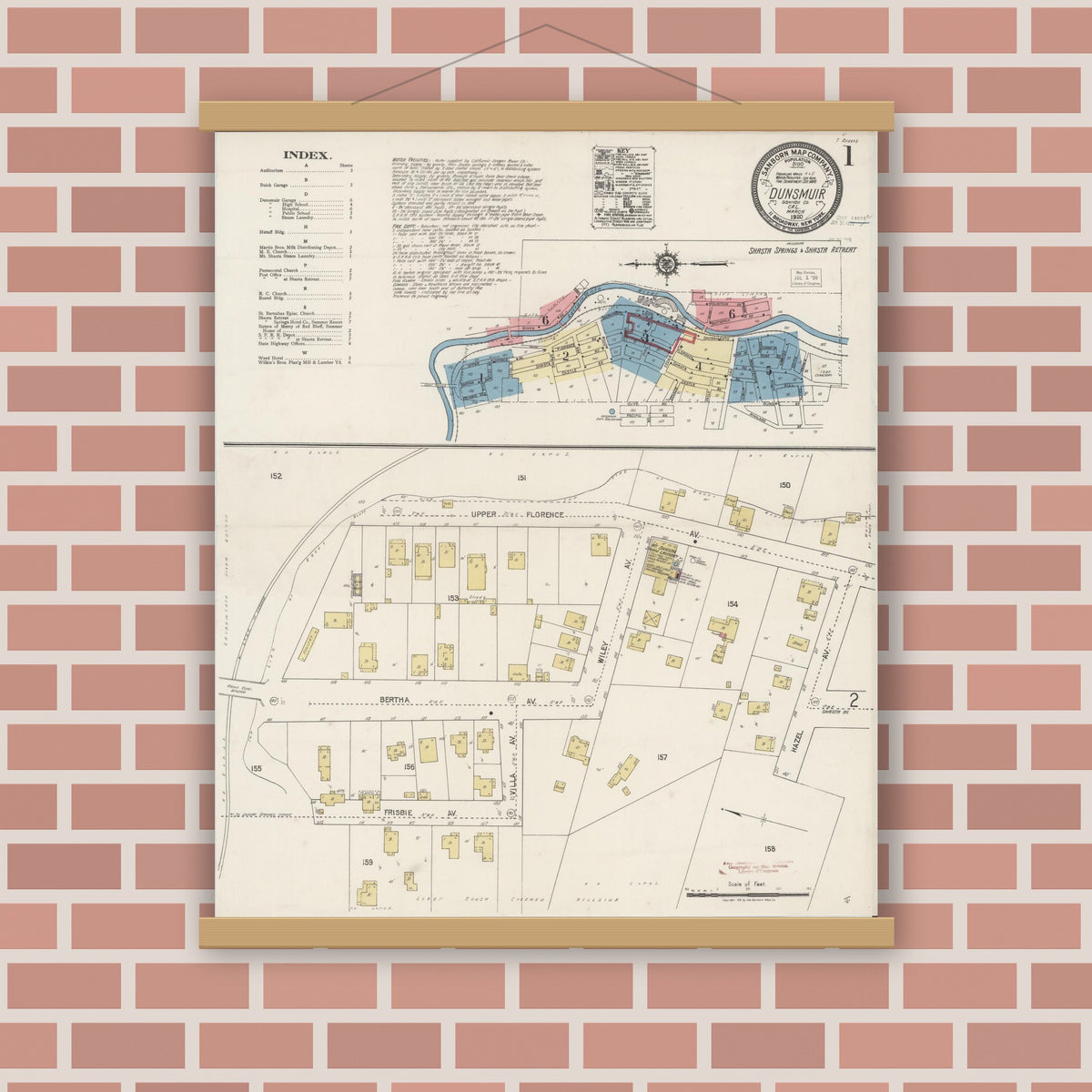 Old map wall art mockup — magnetic wood frame on brick wall — Sanborn Fire Insurance Map from Dunsmuir, Siskiyou County, California (1920) - Complete Map Set