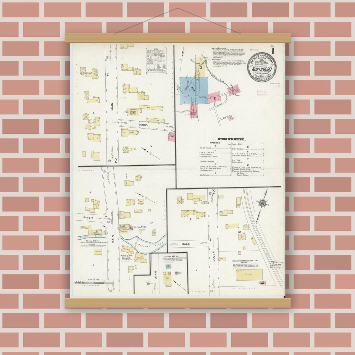 Old map wall art mockup — magnetic wood frame on brick wall — Sanborn Fire Insurance Map from Northboro, Worcester County, Massachusetts (1910) - Complete Map Set