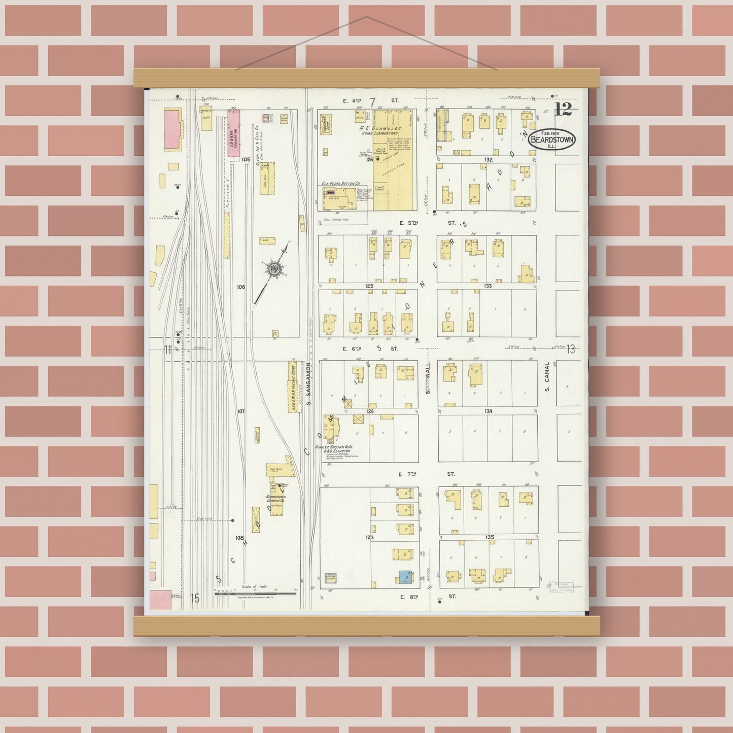 Old map wall art mockup — magnetic wood frame on brick wall — Sanborn Fire Insurance Map from Beardstown, Cass County, Illinois (1919), Sheet #0012