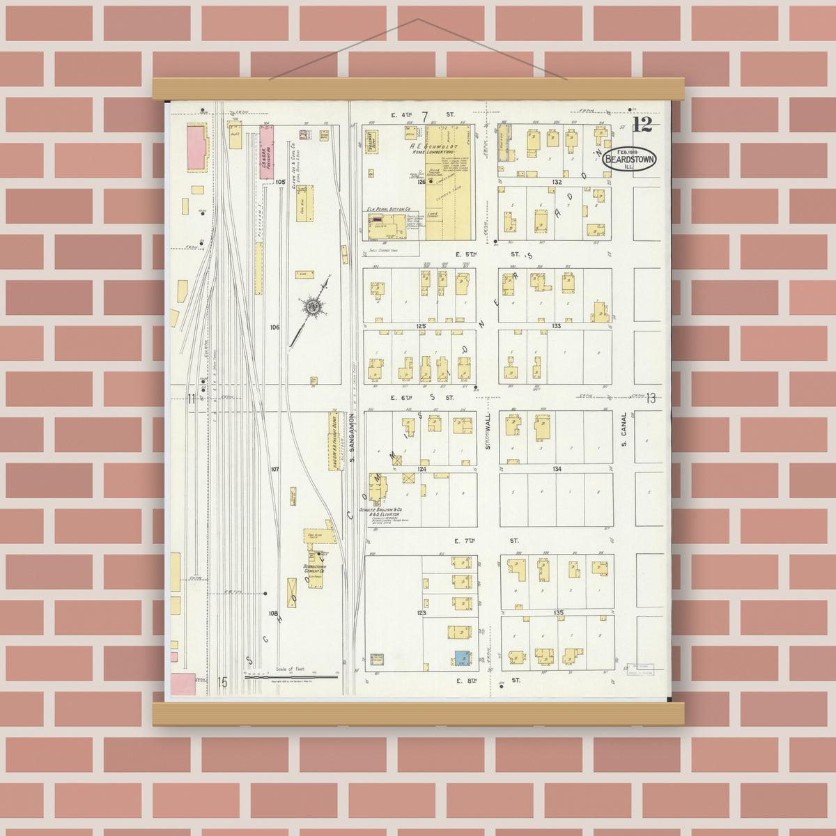 Old map wall art mockup — magnetic wood frame on brick wall — Sanborn Fire Insurance Map from Beardstown, Cass County, Illinois (1919), Sheet #0012