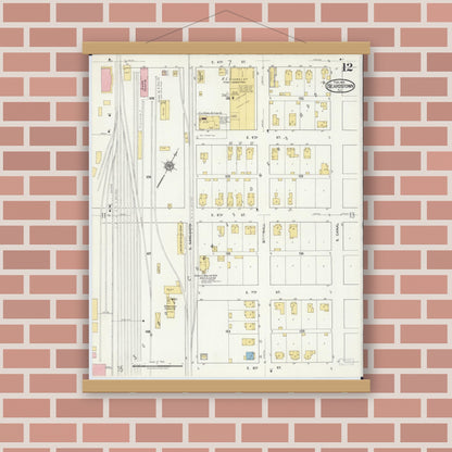 Old map wall art mockup — magnetic wood frame on brick wall — Sanborn Fire Insurance Map from Beardstown, Cass County, Illinois (1919), Sheet #0012