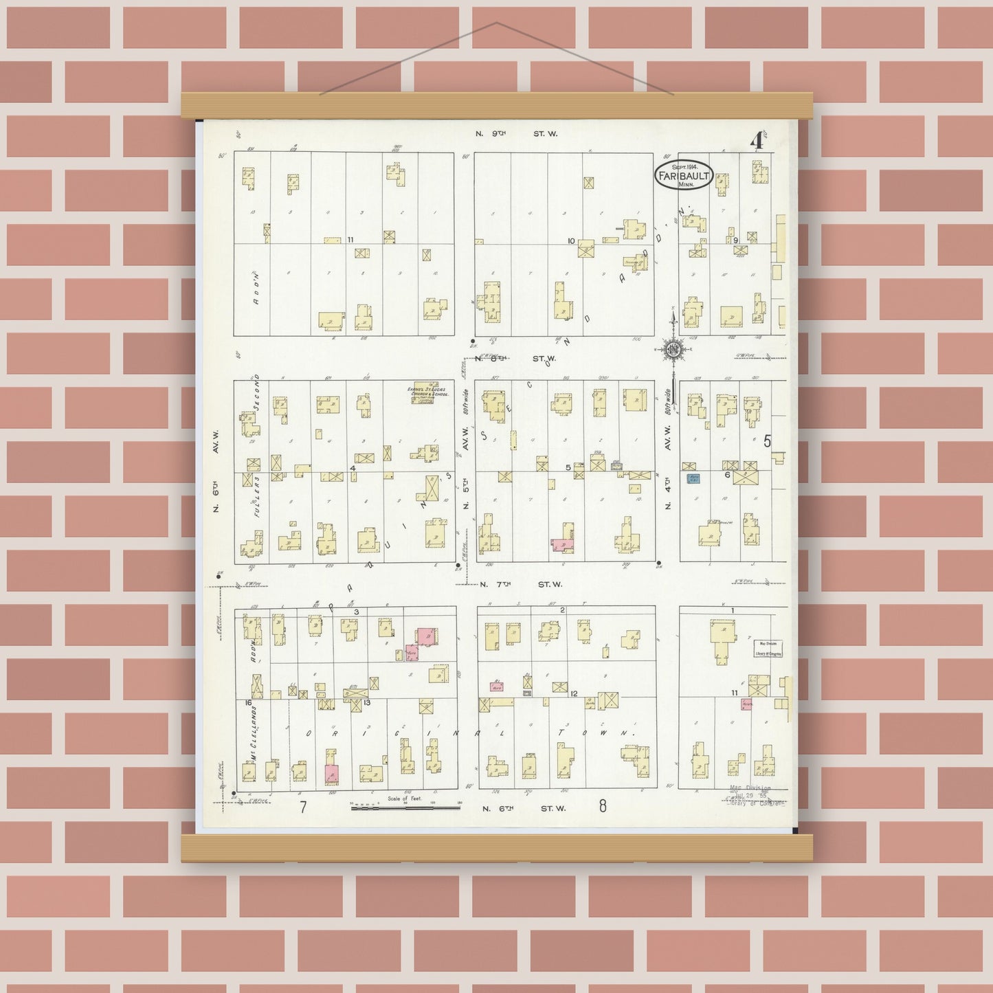 Old map wall art mockup — magnetic wood frame on brick wall — Sanborn Fire Insurance Map from Faribault, Rice County, Minnesota (1914), Sheet #0004