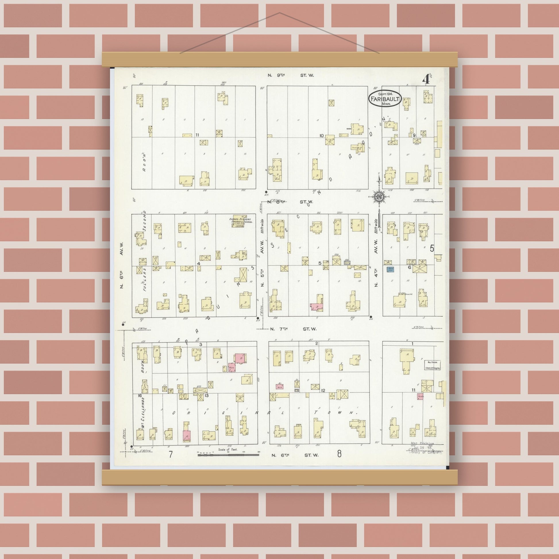 Old map wall art mockup — magnetic wood frame on brick wall — Sanborn Fire Insurance Map from Faribault, Rice County, Minnesota (1914), Sheet #0004