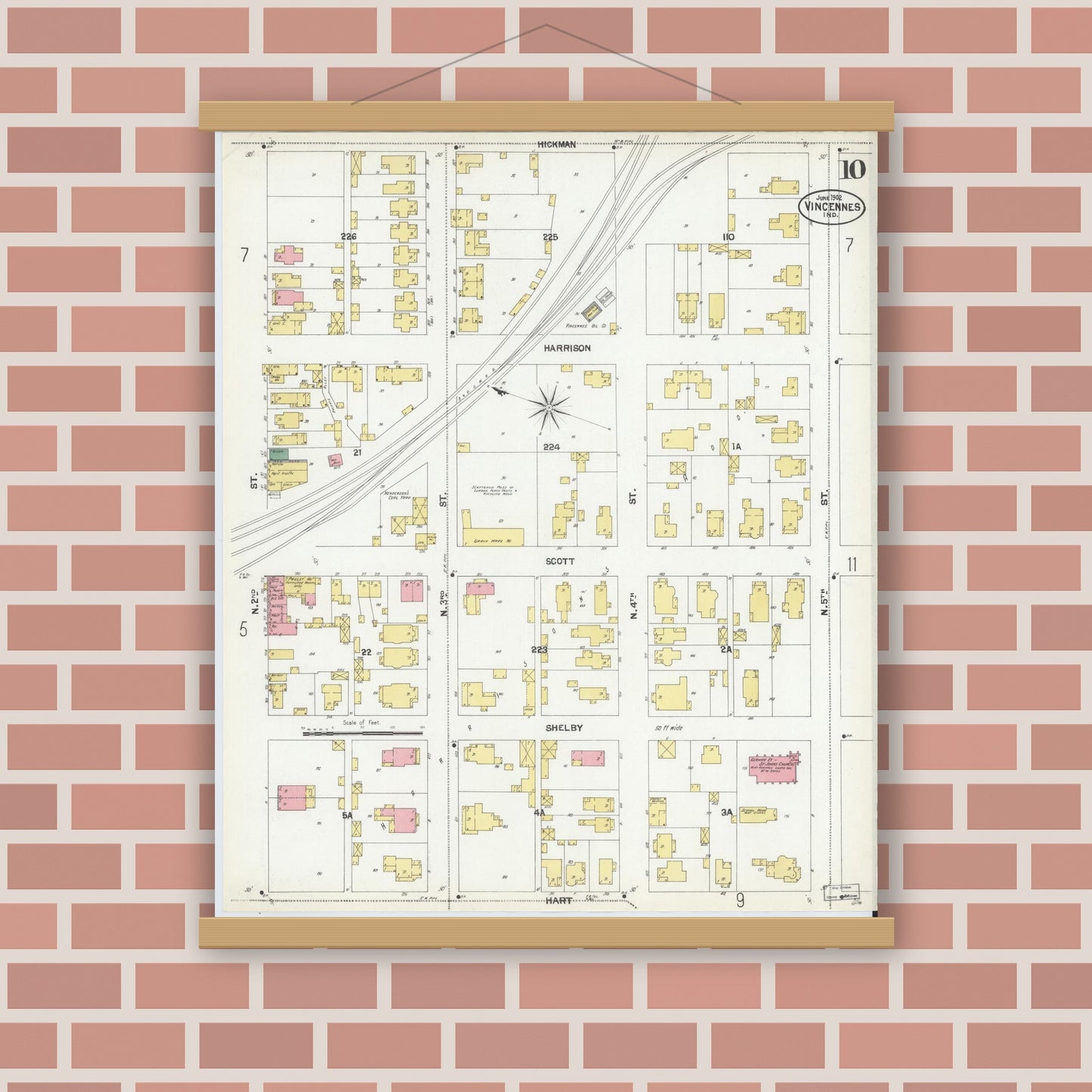 Old map wall art mockup — magnetic wood frame on brick wall — Sanborn Fire Insurance Map from Vincennes, Knox County, Indiana (1902), Sheet #0010