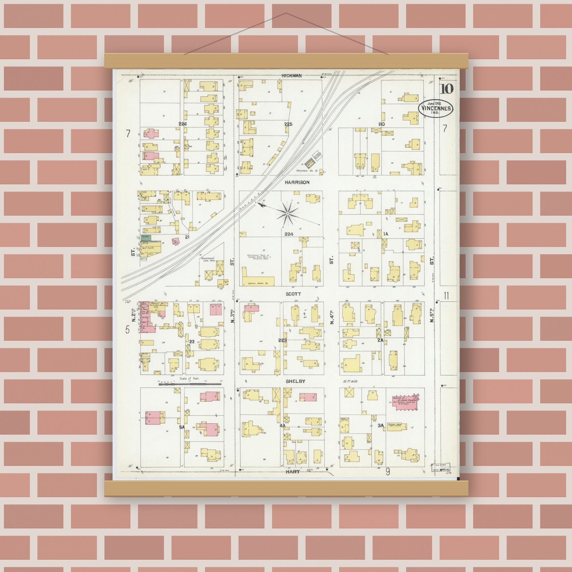 Old map wall art mockup — magnetic wood frame on brick wall — Sanborn Fire Insurance Map from Vincennes, Knox County, Indiana (1902), Sheet #0010