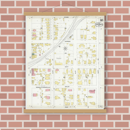 Old map wall art mockup — magnetic wood frame on brick wall — Sanborn Fire Insurance Map from Vincennes, Knox County, Indiana (1902), Sheet #0010
