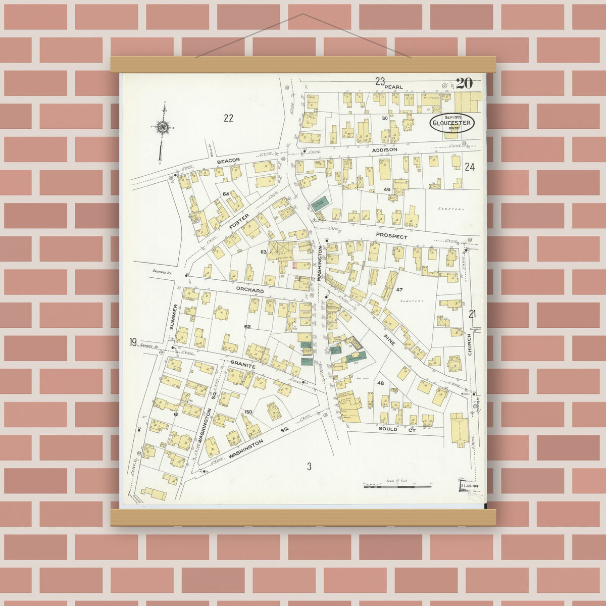 Old map wall art mockup — magnetic wood frame on brick wall — Sanborn Fire Insurance Map from Gloucester, Essex County, Massachusetts (1909), Sheet #0020