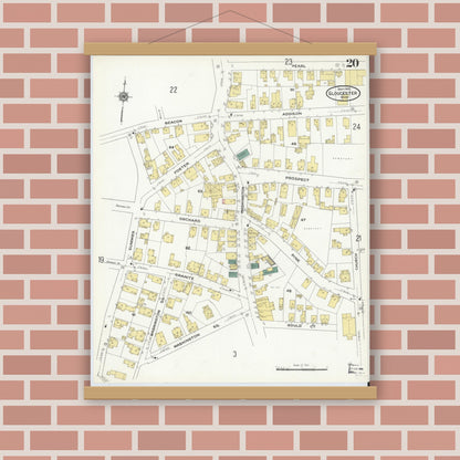 Old map wall art mockup — magnetic wood frame on brick wall — Sanborn Fire Insurance Map from Gloucester, Essex County, Massachusetts (1909), Sheet #0020