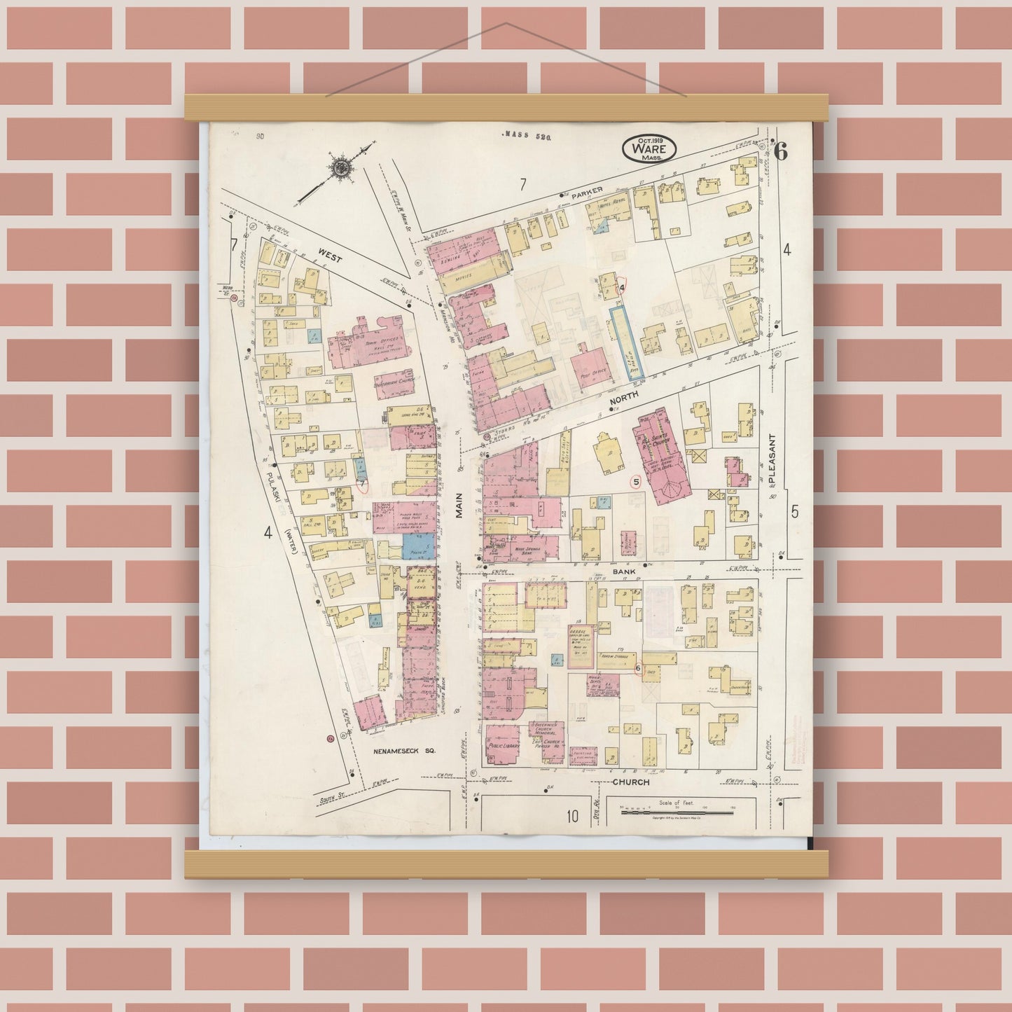 Old map wall art mockup — magnetic wood frame on brick wall — Sanborn Fire Insurance Map from Ware, Hampshire County, Massachusetts (1946), Sheet #0006
