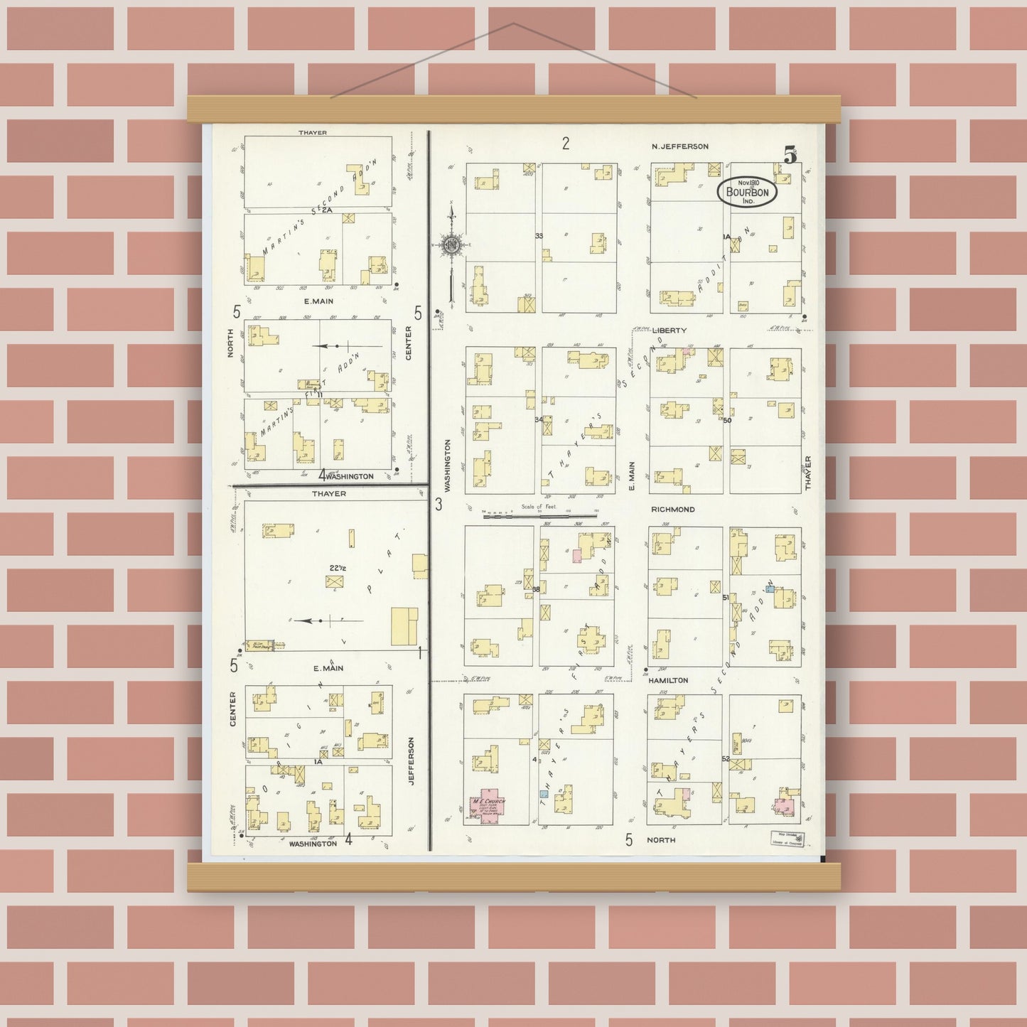 Old map wall art mockup — magnetic wood frame on brick wall — Sanborn Fire Insurance Map from Bourbon, Marshall County, Indiana (1910), Sheet #0005