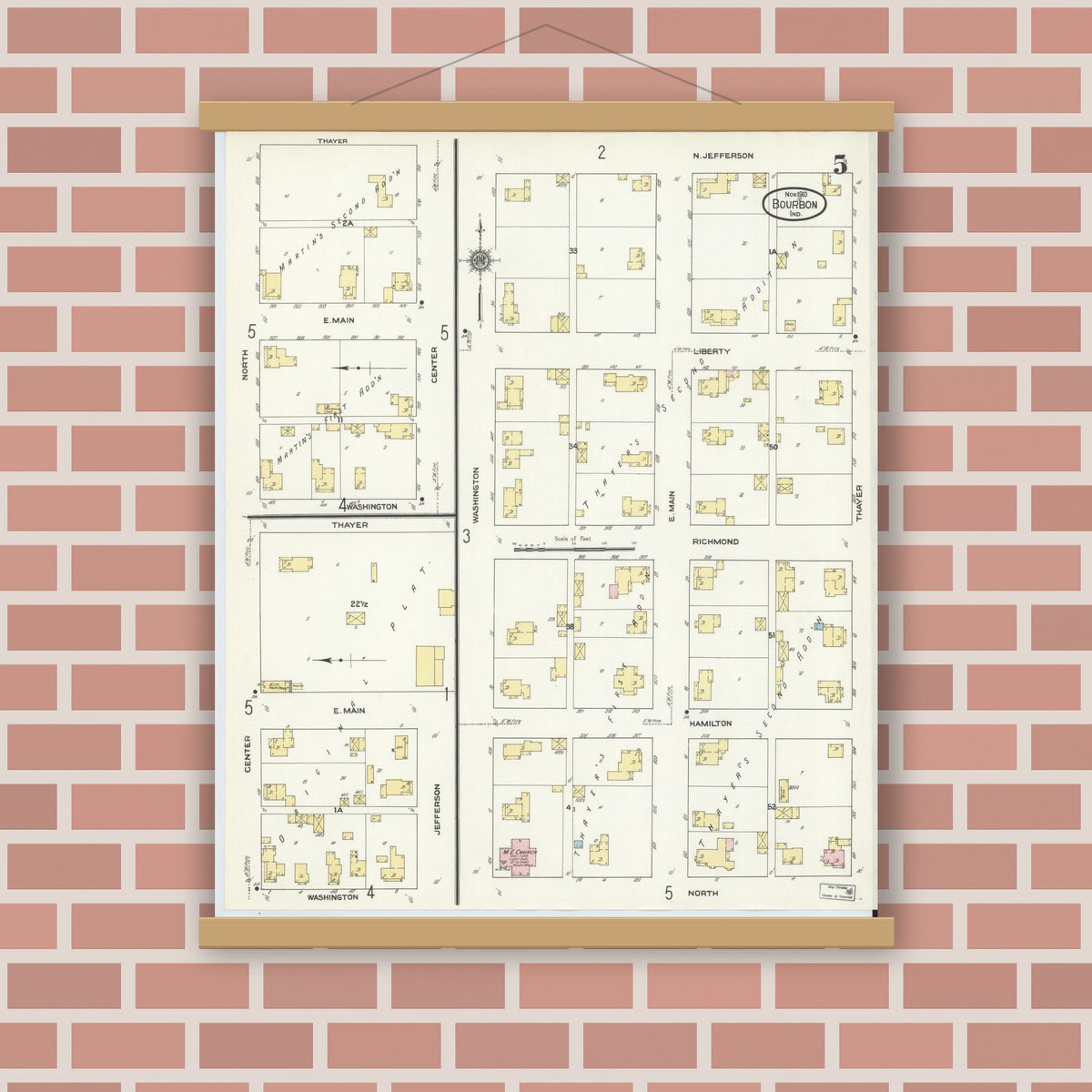 Old map wall art mockup — magnetic wood frame on brick wall — Sanborn Fire Insurance Map from Bourbon, Marshall County, Indiana (1910), Sheet #0005