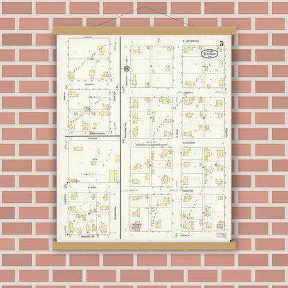 Old map wall art mockup — magnetic wood frame on brick wall — Sanborn Fire Insurance Map from Bourbon, Marshall County, Indiana (1910), Sheet #0005