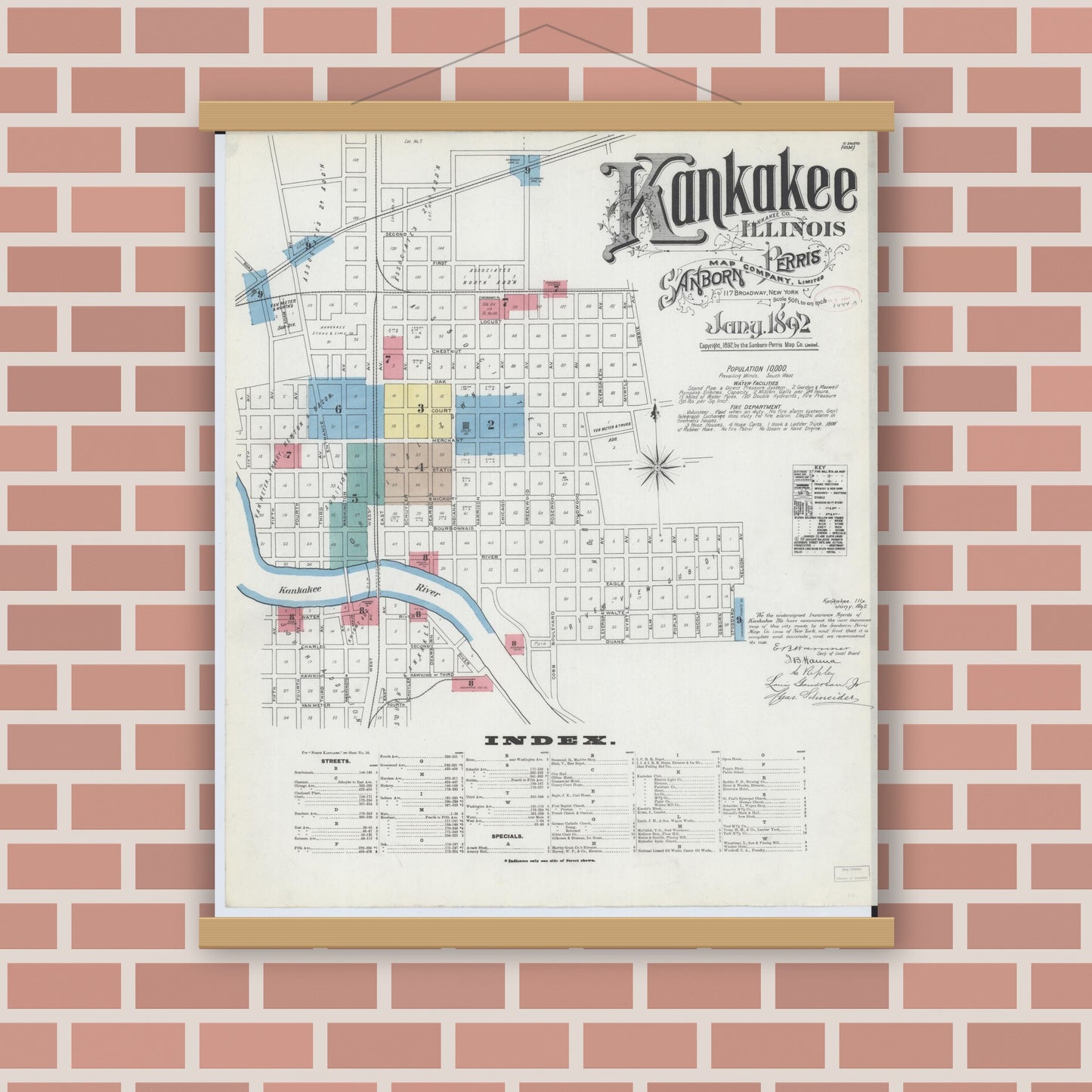 Old map wall art mockup — magnetic wood frame on brick wall — Sanborn Fire Insurance Map from Kankakee, Kankakee County, Illinois (1892), Sheet #0001